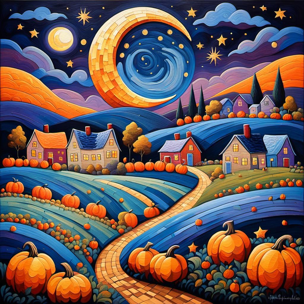 Harvest Moon Over Countryside in Folk Art Style