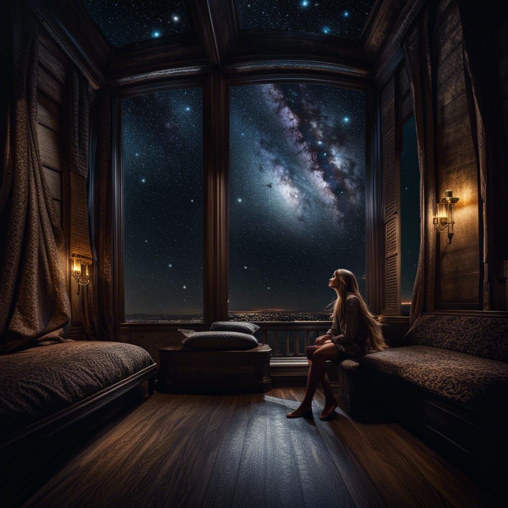 Hyperrealistic Maiden Stargazing in Atmospheric Night