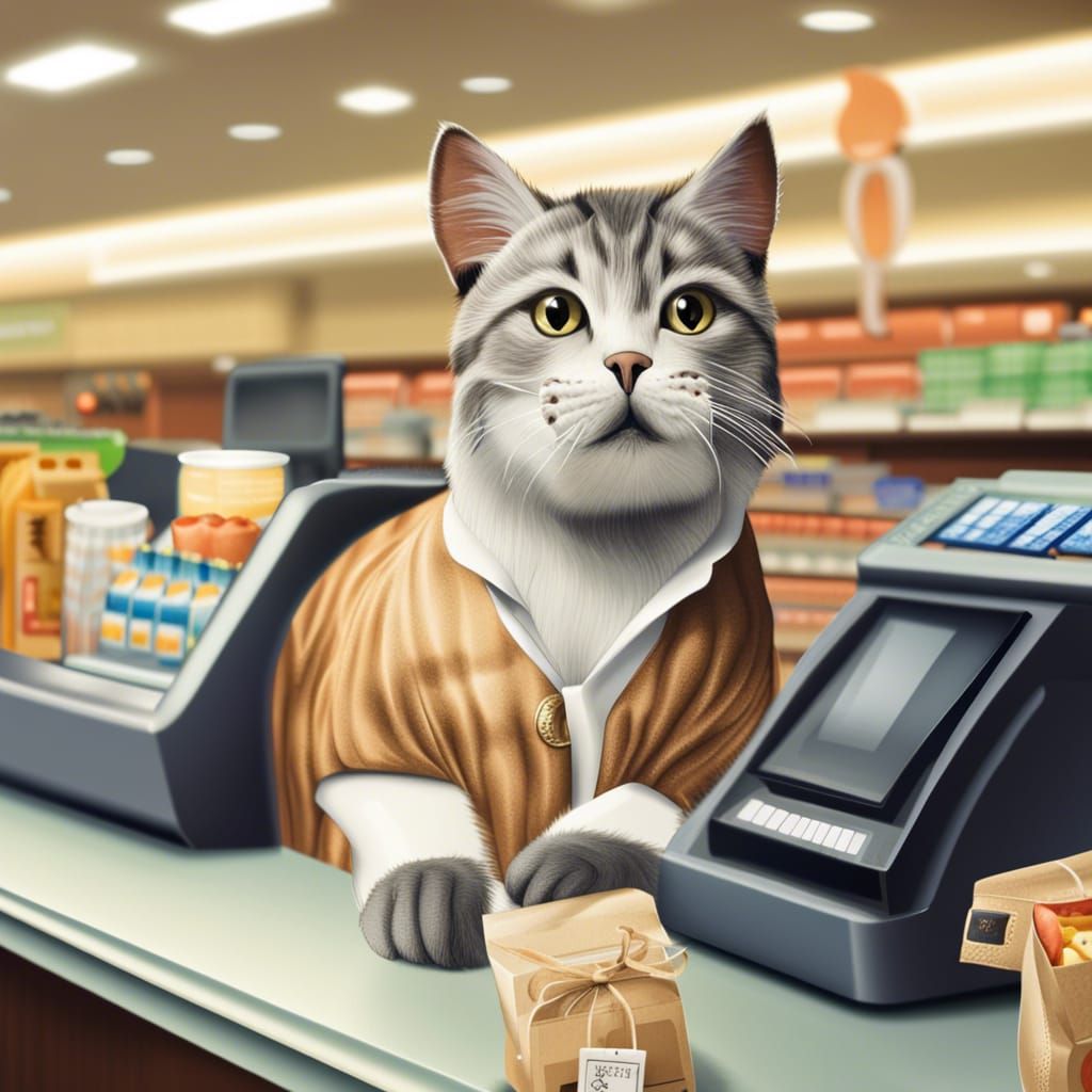 Cat Cashier Horse at Animal Grocery Store
