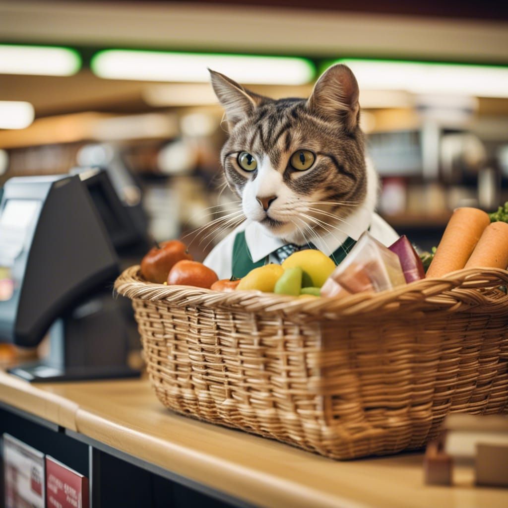 Cat Cashier at Animal Grocery Store
