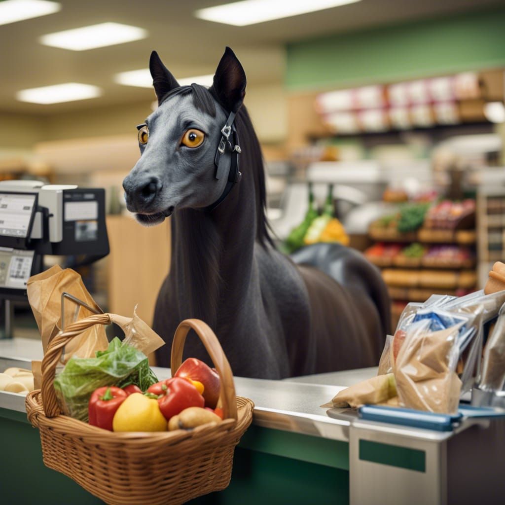 Cat Cashier Horse at Animal Grocery Store