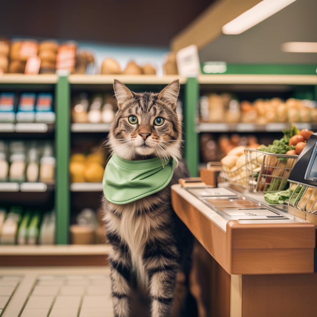 Cat Cashier Horse at Animal Grocery Store