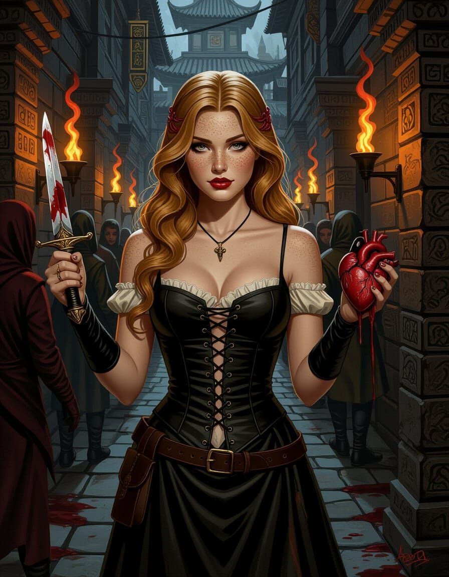 Dark Fantasy Woman with Bloody Dagger in Temple Alley
