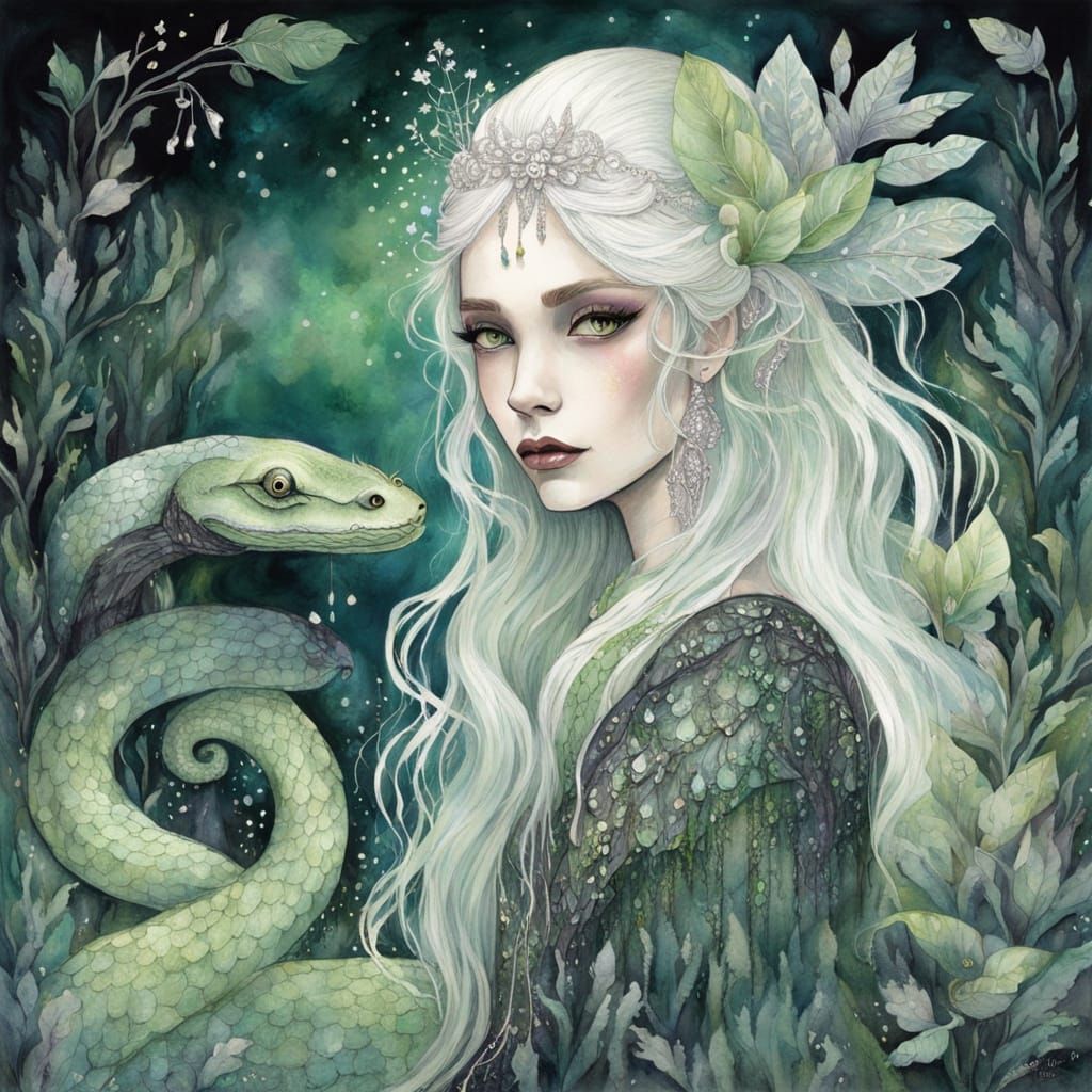 Dark Queen and White Snake in Enchanted Swamp
