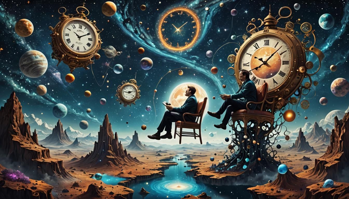 Man in Cosmic Landscape with Clocks and Hourglasses