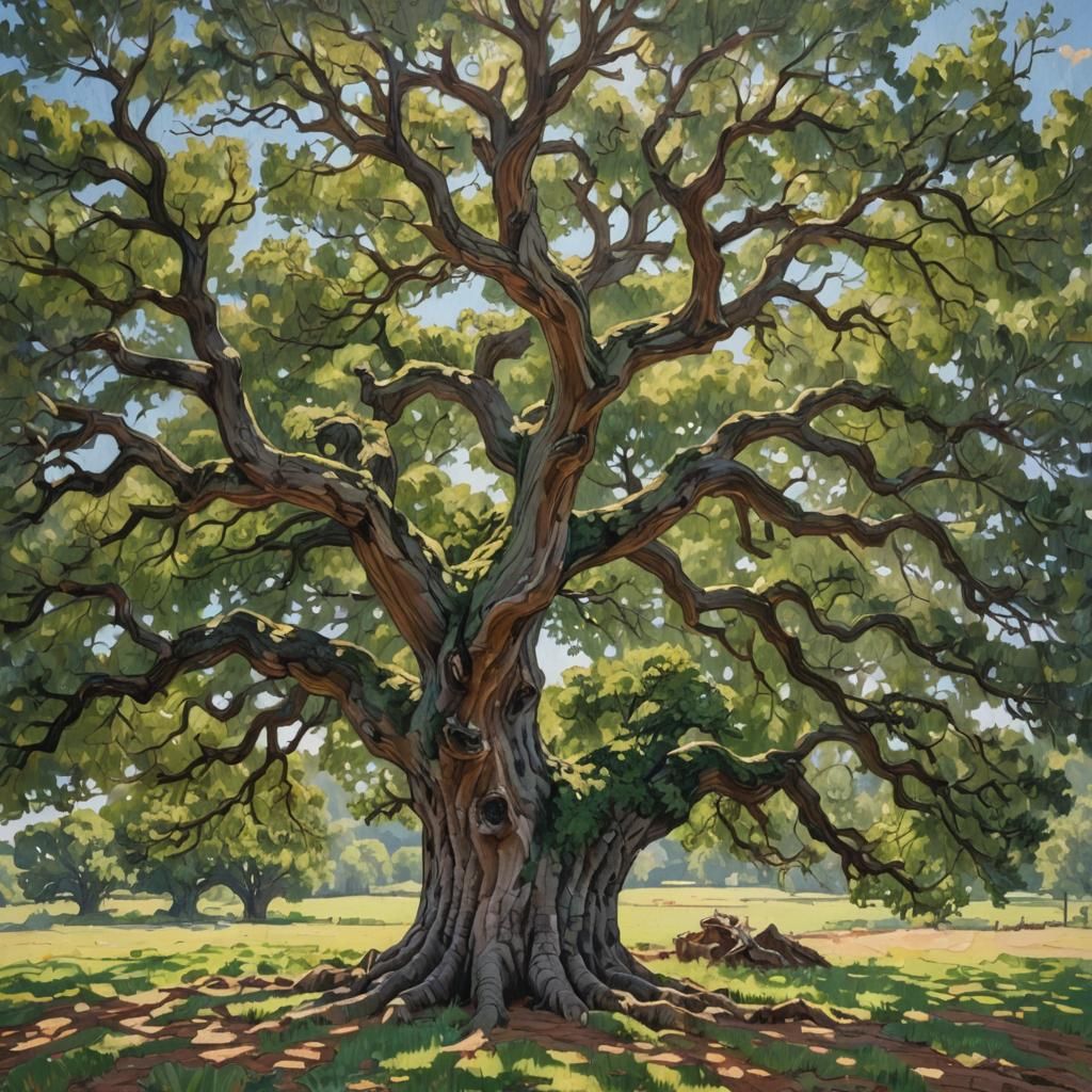 Detailed Oak Tree in Impasto Painting Style