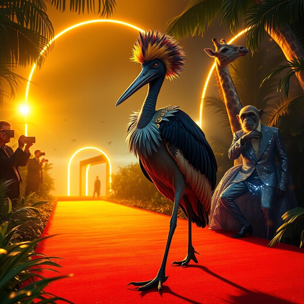 Cyberpunk Jungle Red Carpet Event with Majestic Shoebill Sto...