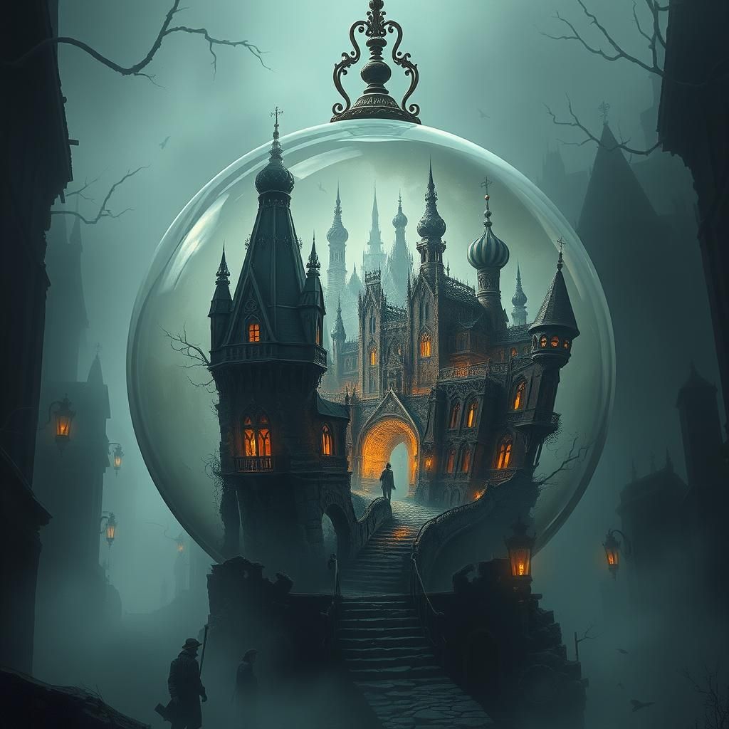 Eerie Cityscape Encased in Glass Ball