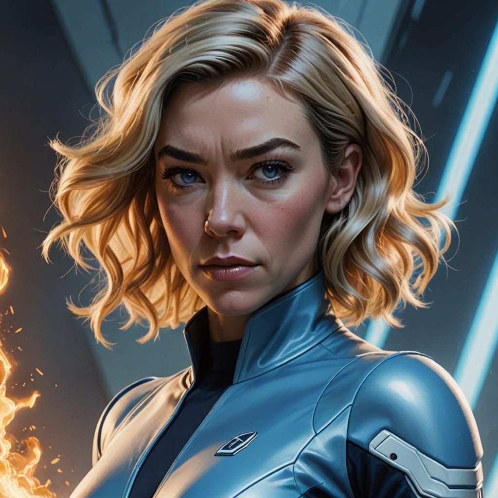 Sue Storm in Light Blue Suit as Vibrant 3D Art