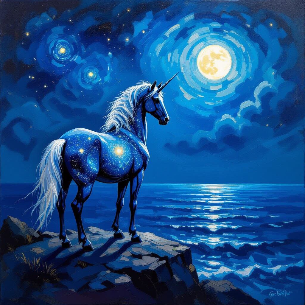 Majestic Centaur Overlooking Starlit Ocean in Impasto Style