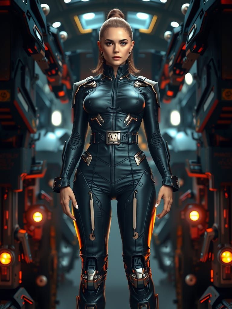 Heroic Woman in Futuristic Mech Environment