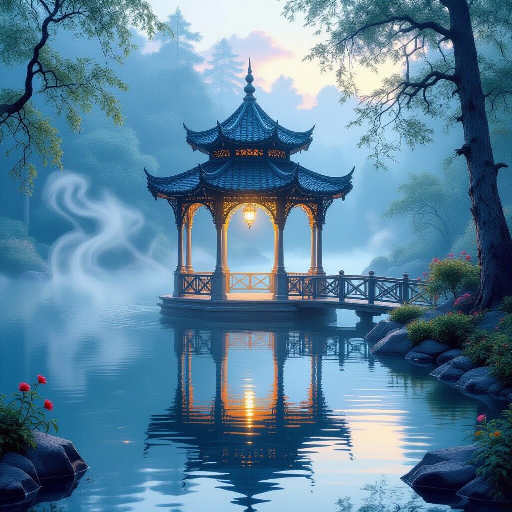 Ethereal Gazebo by Serene Lake in Thomas Kinkade Style
