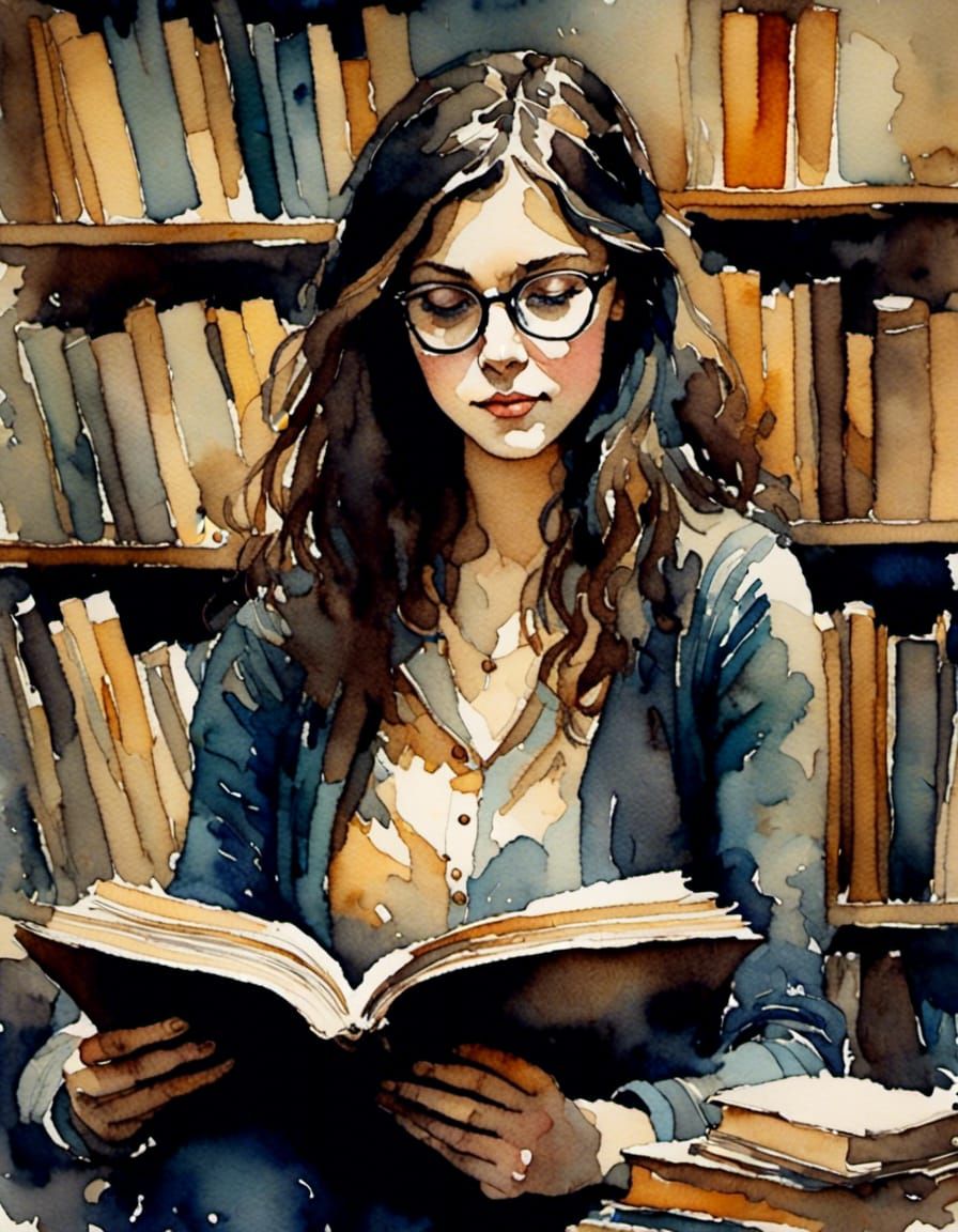 Watercolor Portrait of Girl in Bookstore