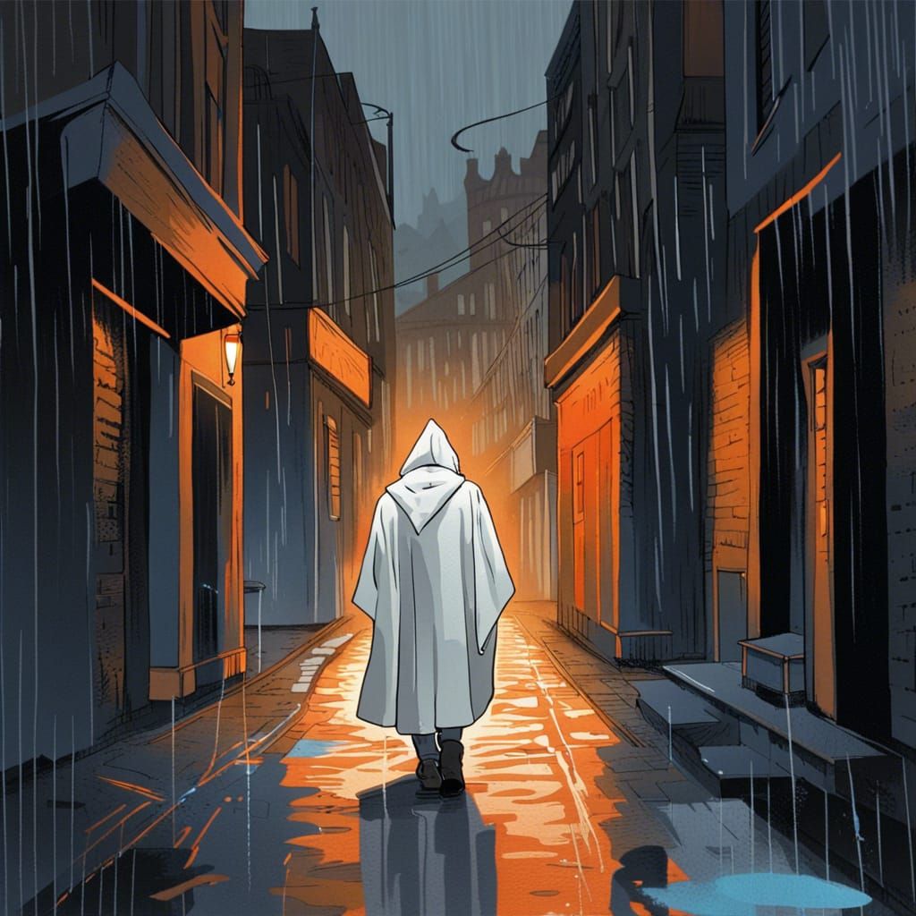 Hooded Figure Walks Down a Neon Alley