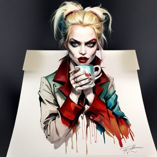 Mysterious Harley Quinn Drinking Tea as Splash Art