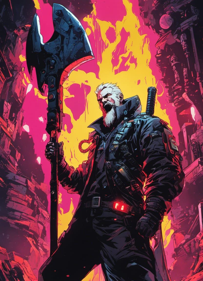 Cyberpunk Viking Warrior with Mechanical Arms