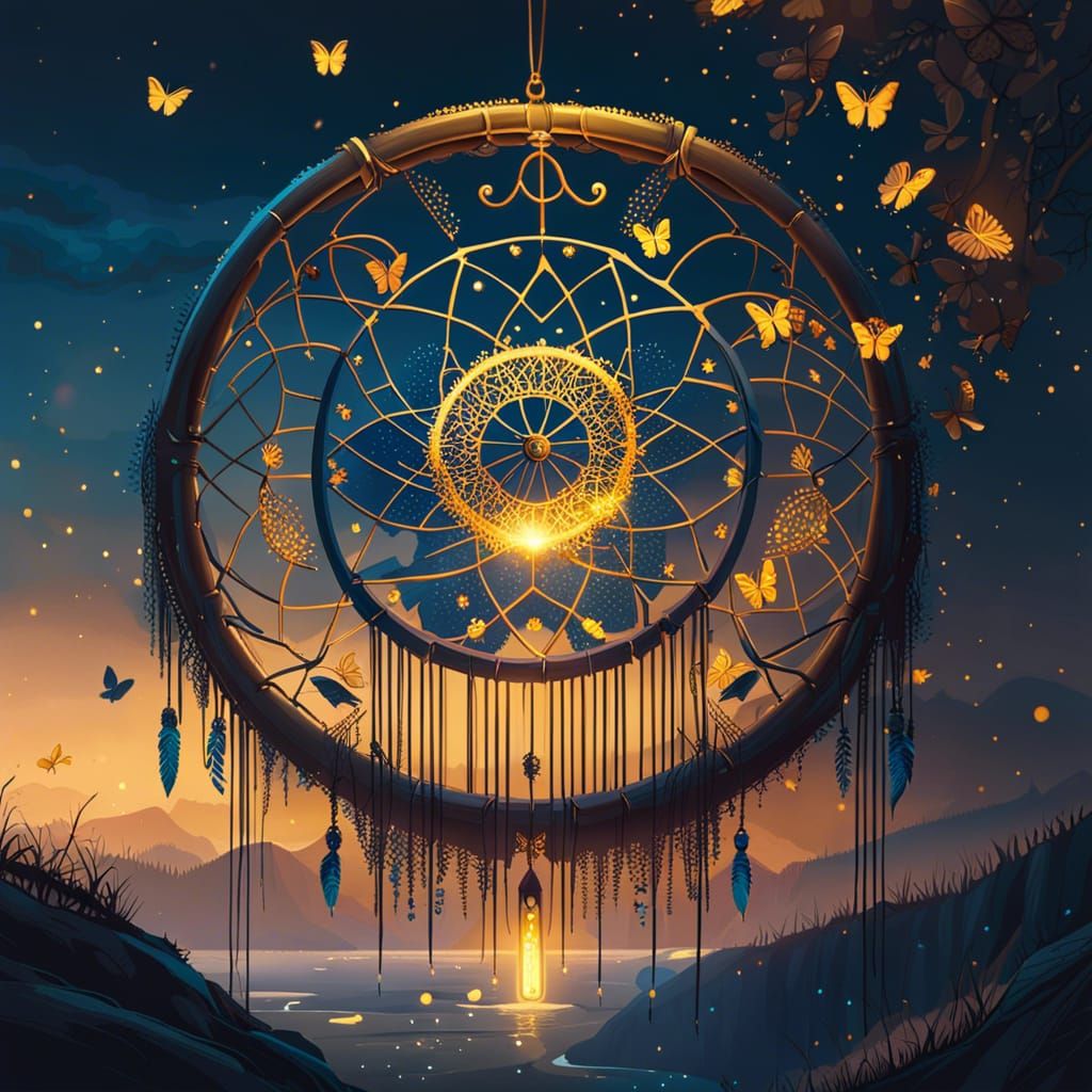 Dreamcatcher with Golden Butterflies in Landscape