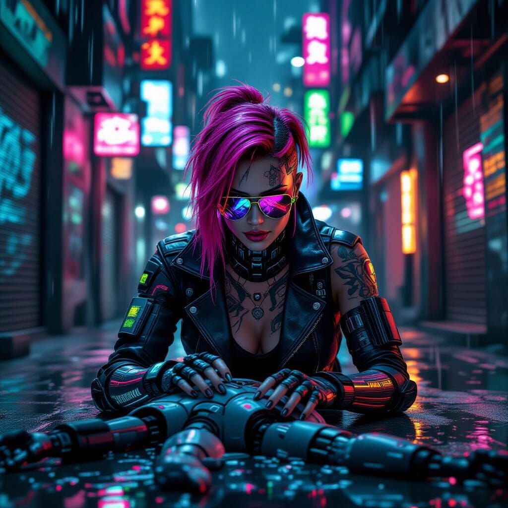 Cyberpunk Medic Tending Android in Neon Alley