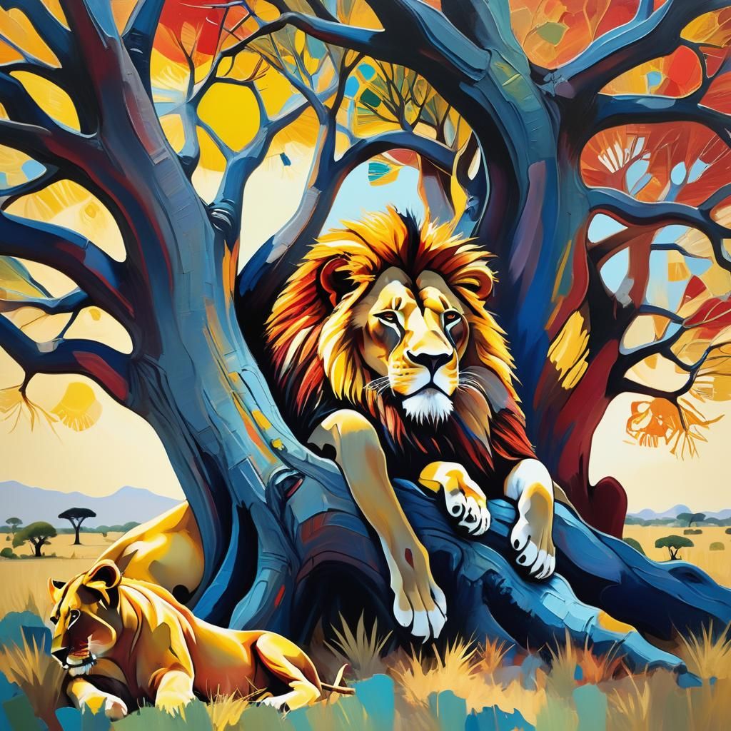 Abstract Expressionist Lion Asleep Under Baobab Tree