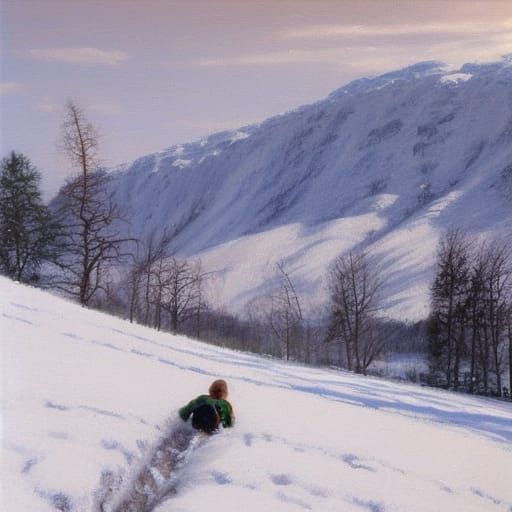 Person Sledding Downhill: Oil Painting