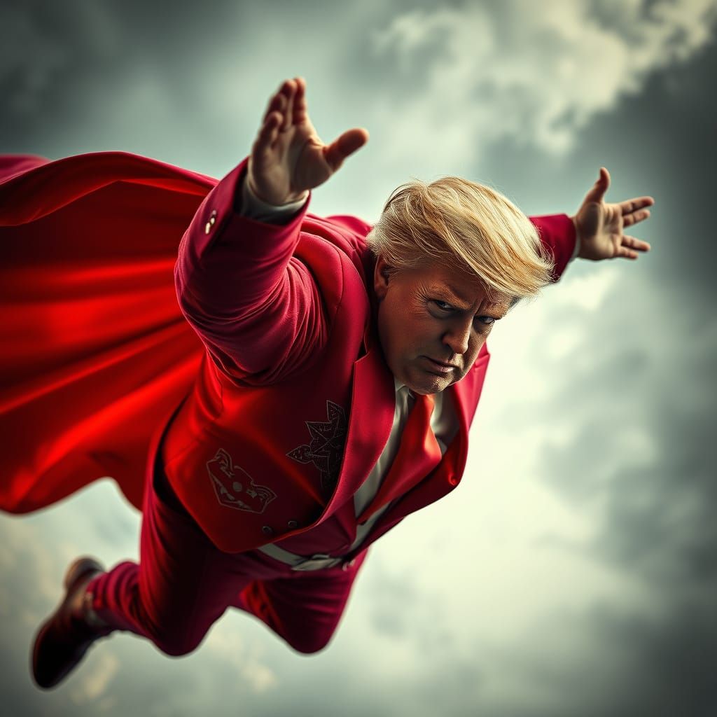 Obese Superhero Flies Through Misty Sky in HDR