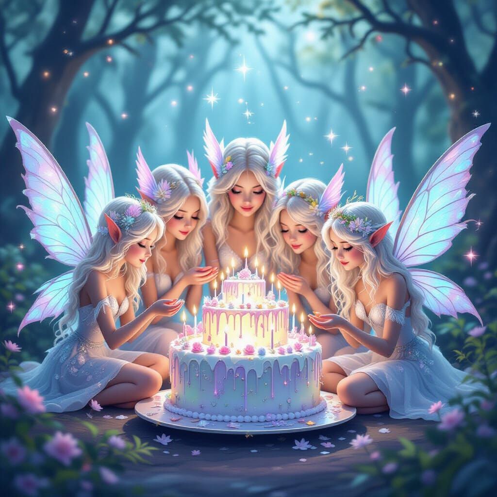 Whimsical Fairy Creatures Hold Glowing Magical Cake