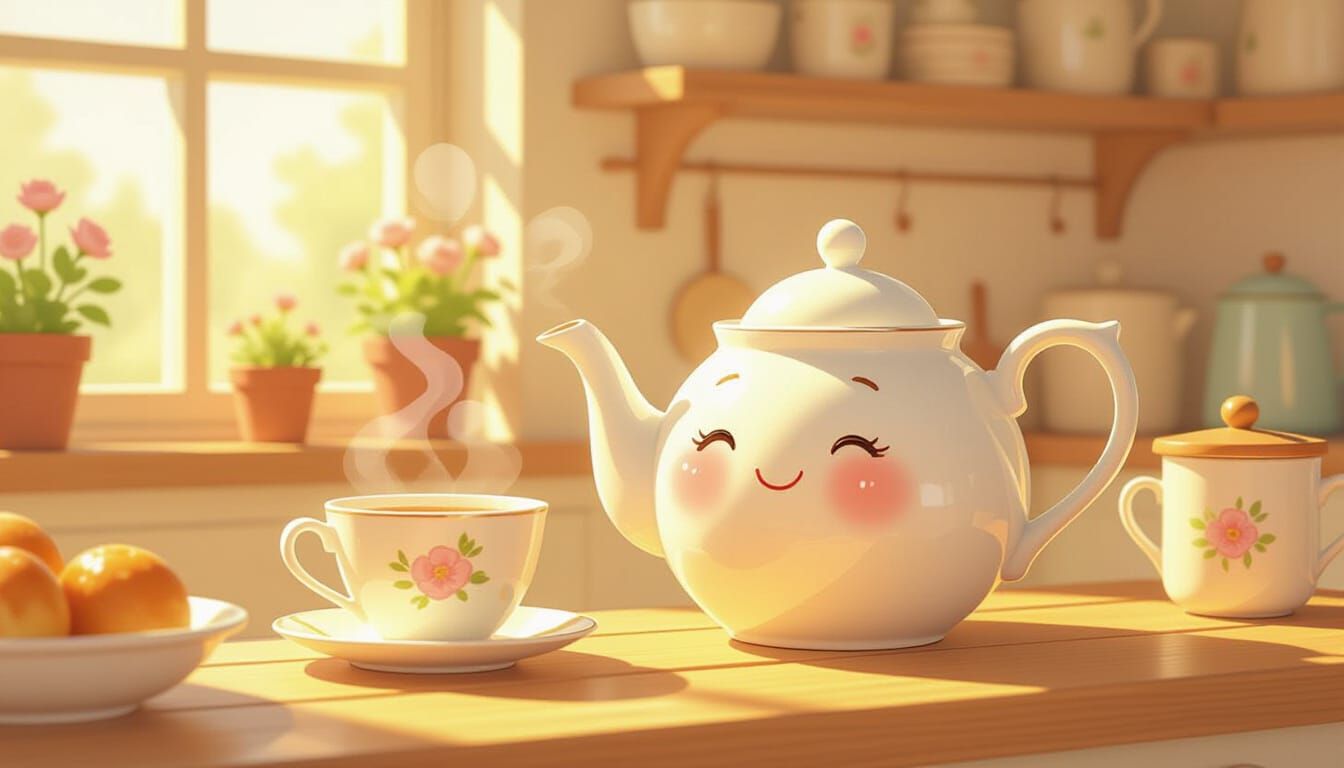 Anthropomorphic Teapot Serving Tea in Cozy Kitchen
