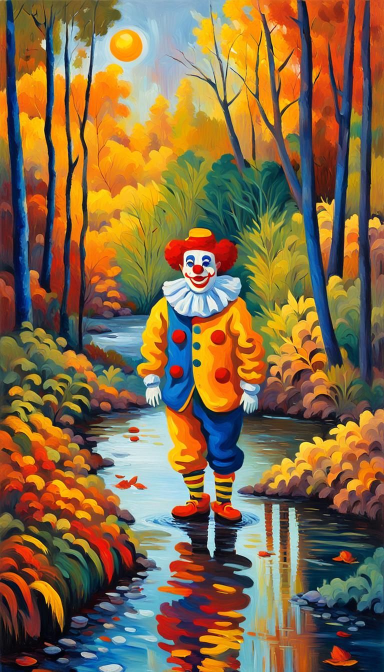 Happy Clown in Amazonian Forest, Fauvist Oil Painting