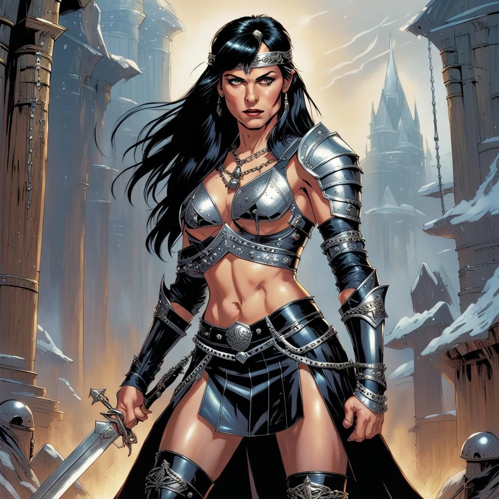 Xena, Comic Book Art Style, Black Leather Armor