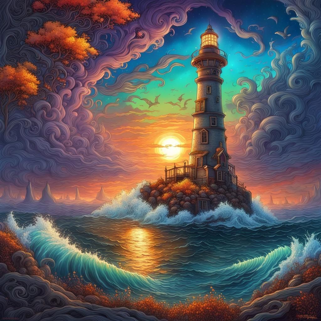 Autumn Seascape Lighthouse with Flying Dolphin