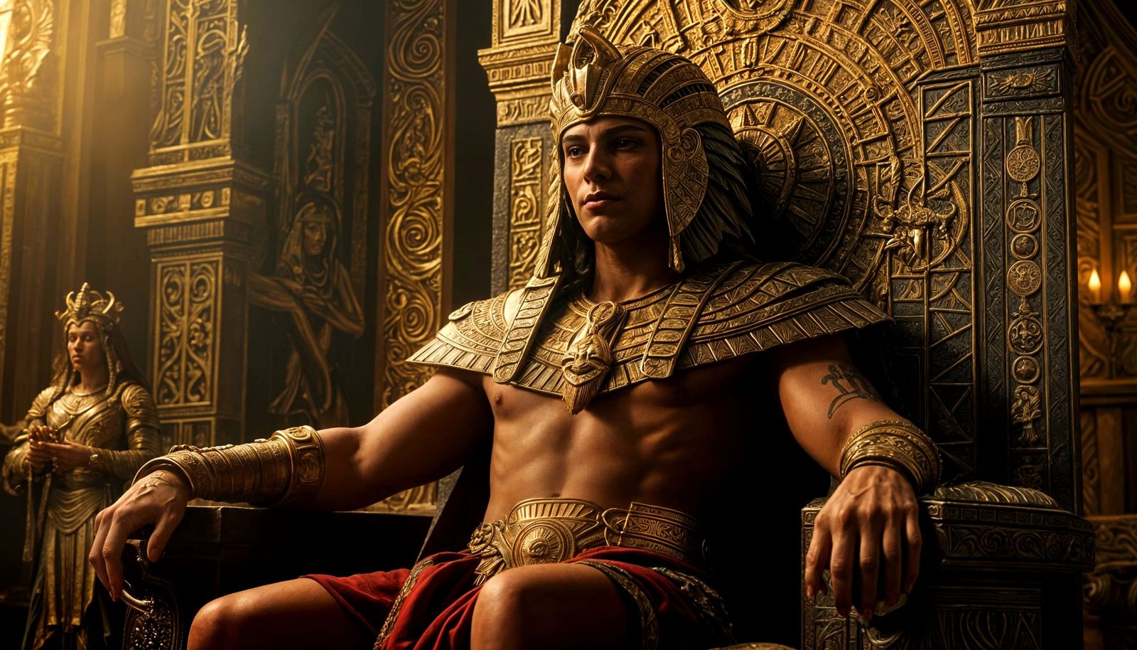 Sitting Sun God Ra Commands with Anger in Golden Throne