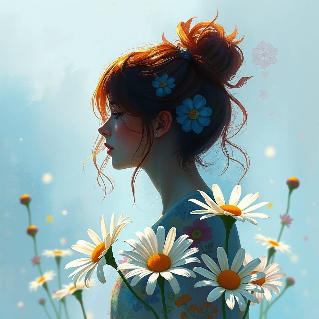 Daisy Girl Silhouette in Mystic Watercolor Style