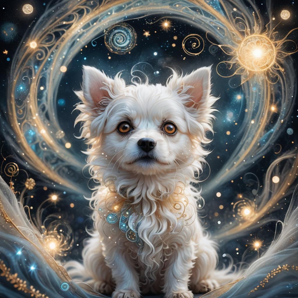 Ethereal Fluffy Dog Portrait with Cosmic Light Bursts