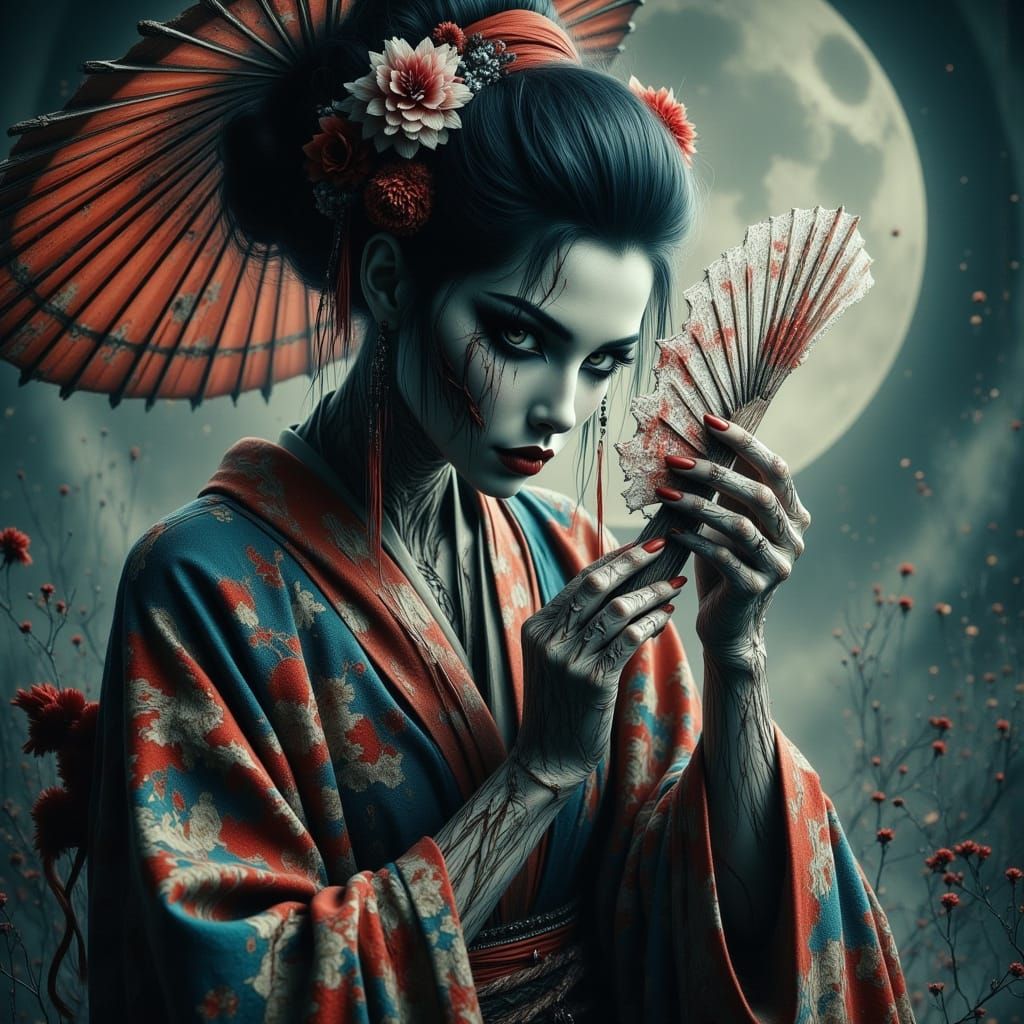 Decomposing Geisha with Lace Fan in Neon Noir Style
