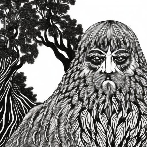 Old Mage Walking in Forest: Hyperdetailed Black Ink Drawing