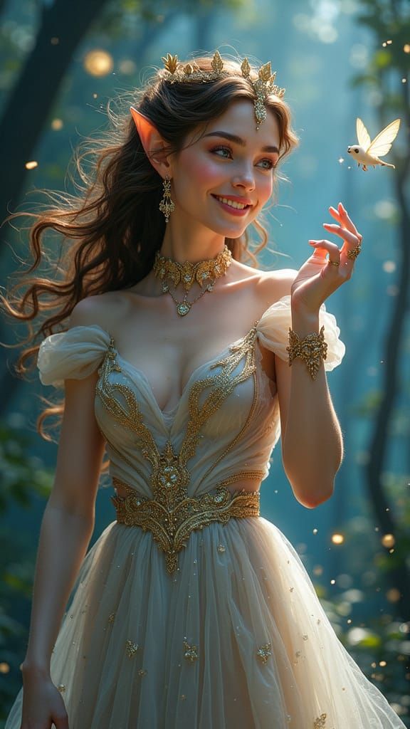 Elf Queen in Enchanted Forest, Hyperrealistic Style