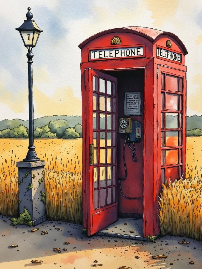 Majestic Red Telephone Booth in Autumn Countryside