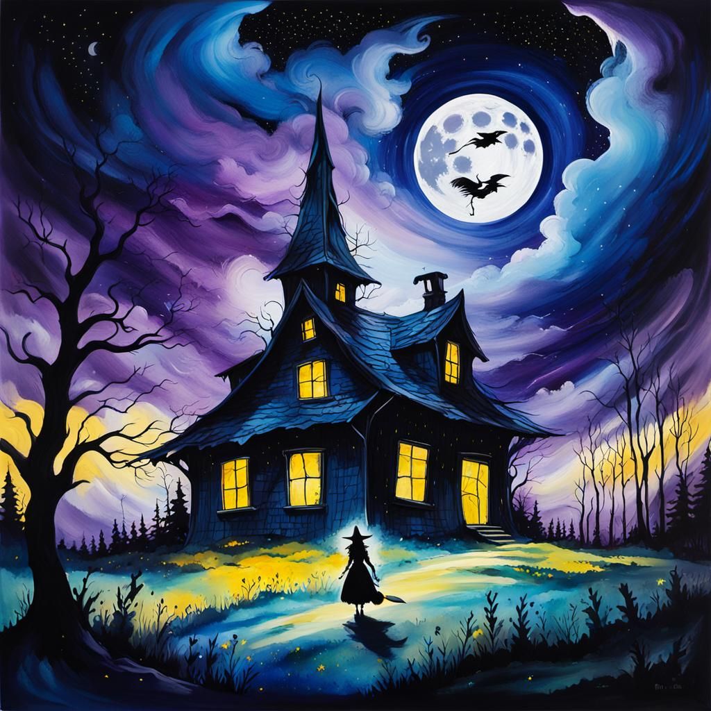 Halloween Night: Witch at Forest Entrance as Acrylic Paintin...