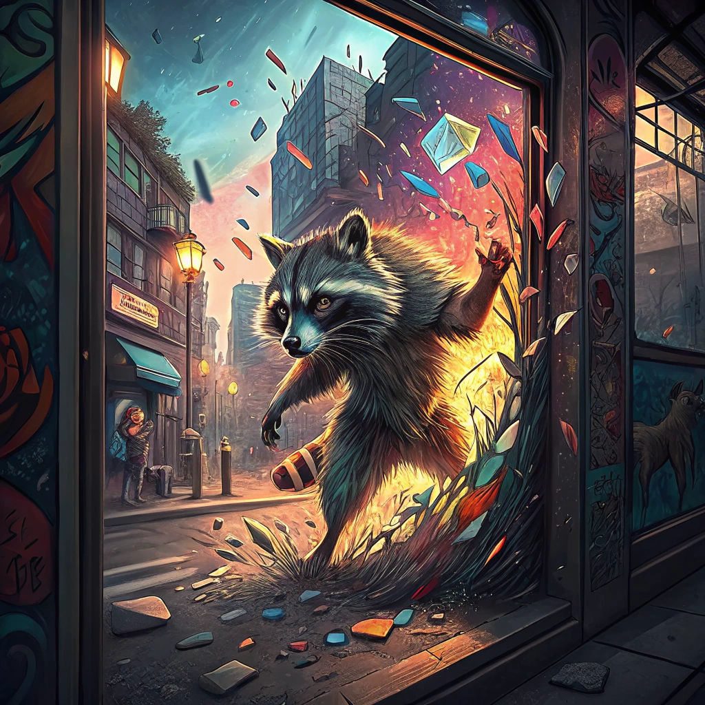 Raccoon Leaping Through Shattered Stained Glass