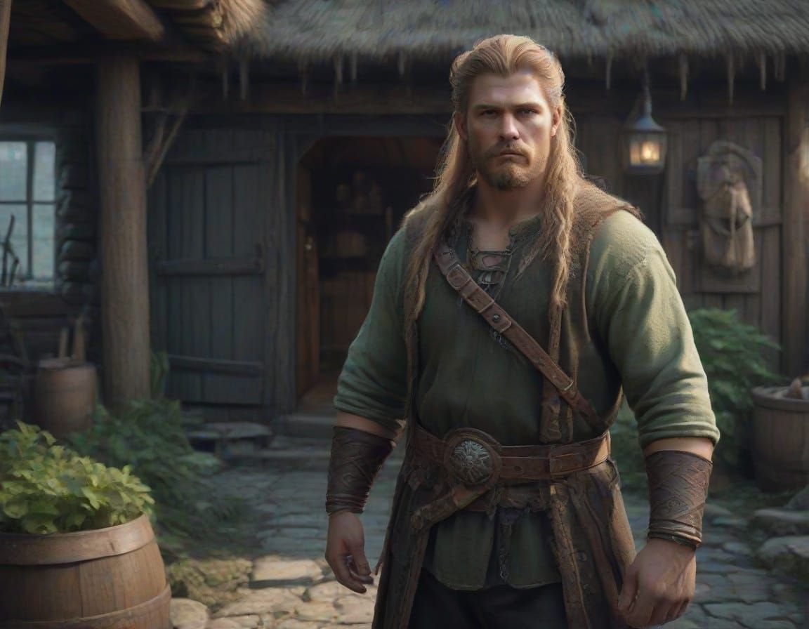 Tall Viking Blacksmith in a Fantastical Cottage Workshop