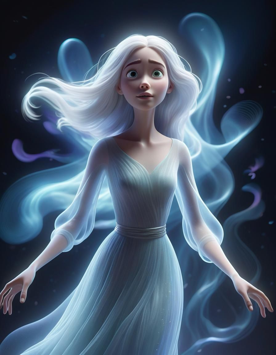 Woman Ascends as Ghost in Pixar-Style 3D Illustration