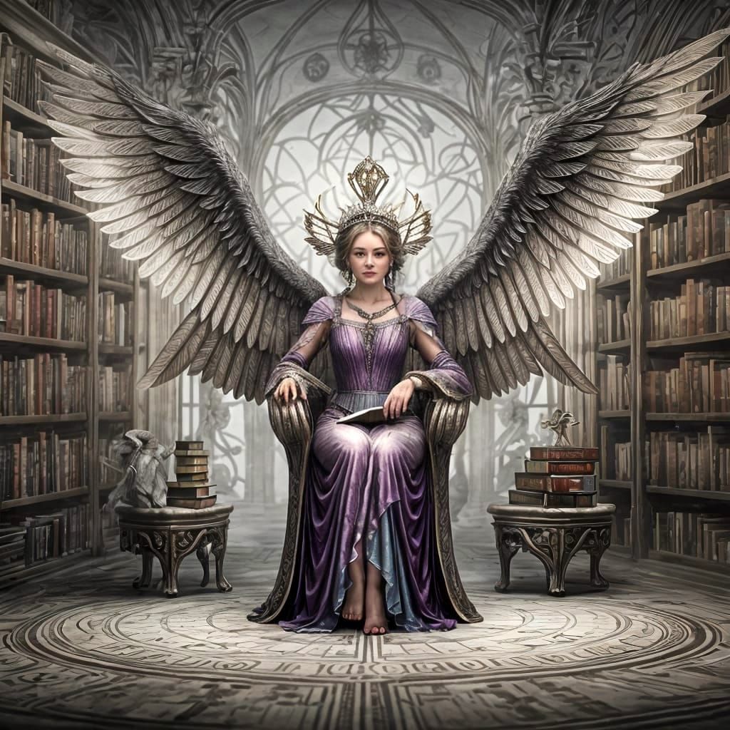 a celestial librarian with iridescent wings