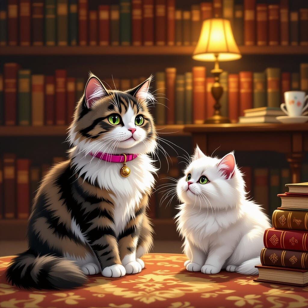 Whiskered Cat Finds Friendship in Cozy Library