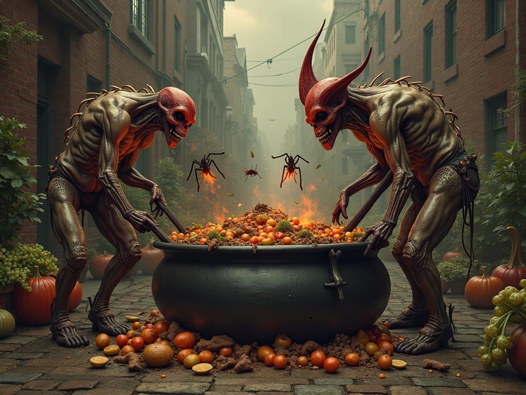 Surreal Degenerate Humanoids Cook Low Foods