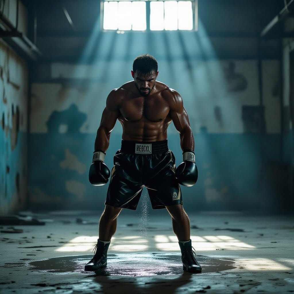 Boxer Trains in Dimly Lit Warehouse, Evoking Raw Emotion