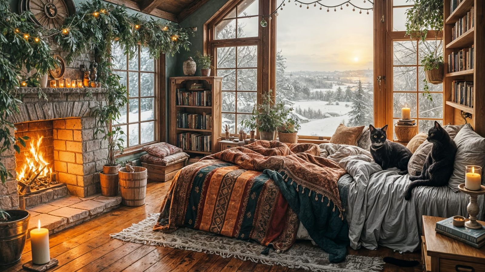 Cozy Bohemian Winter Retreat with Fireplace and Snowy Views