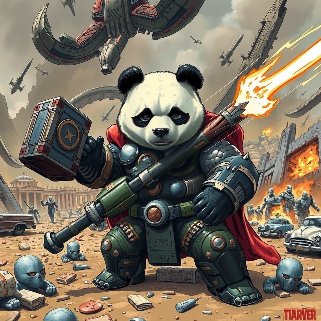 Armored Panda Warrior Dominates Apocalyptic Battlefield
