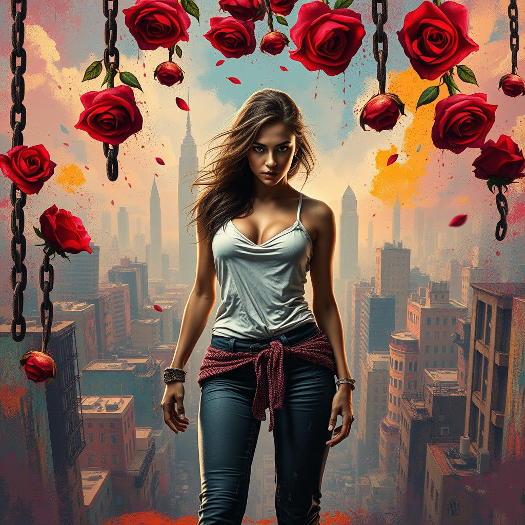 Confident Woman in Urban Landscape with Roses