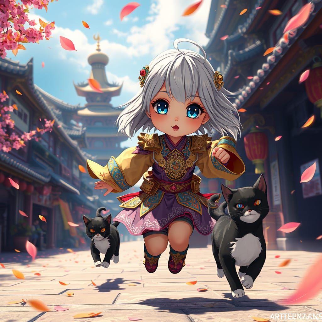 Little Warrior Girl in Vibrant Fantasy Setting