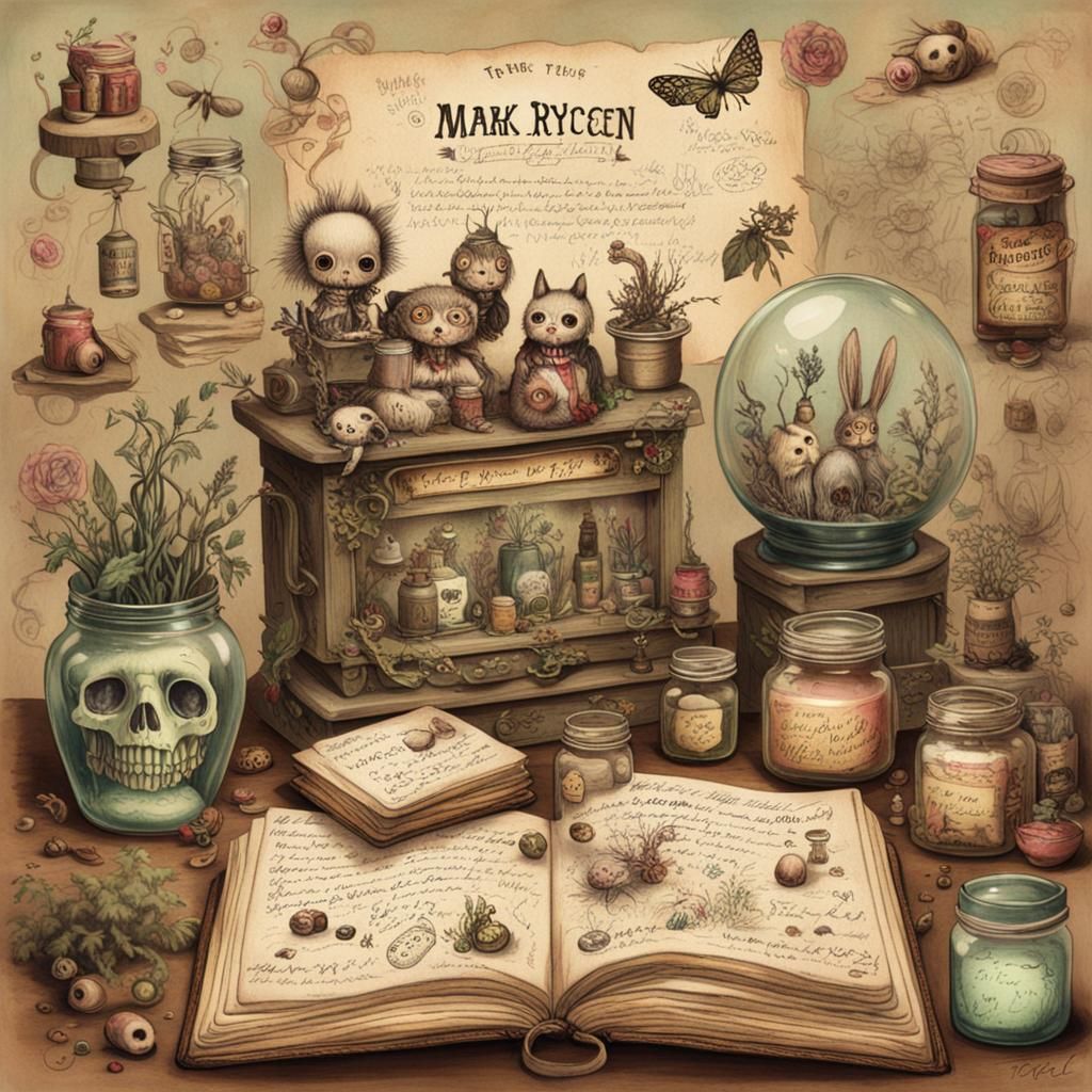 Botanical Spell Book in Whimsical Nightmare Style